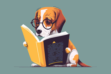 Cartoon funny dog reading a book. Vector illustration in retro style.のイラスト素材