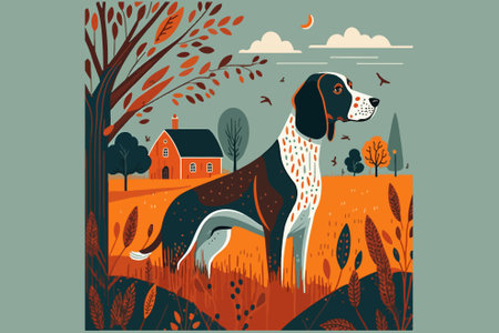 Vector illustration of a dog in the autumn landscape. Flat style.のイラスト素材