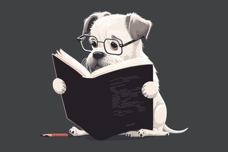 Cute cartoon dog with glasses reading a book. Vector illustration.のイラスト素材