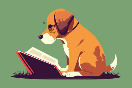 Vector illustration of a cute dog reading a book on green background.のイラスト素材