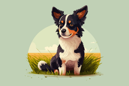 Border Collie dog sitting on the grass in the field. Vector illustration.のイラスト素材