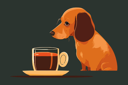 Cute Beagle dog drinking coffee. Vector illustration in flat styleのイラスト素材
