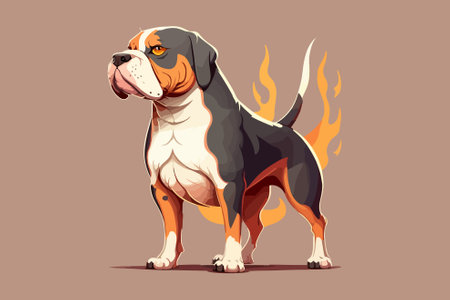 Vector illustration of a dog on a background of fire. Cartoon style.のイラスト素材