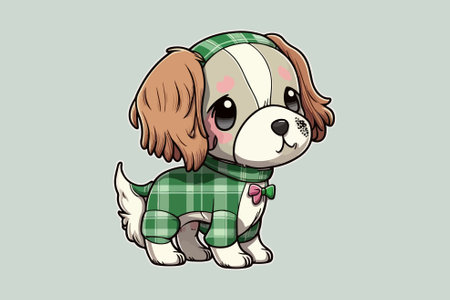 Cute Cartoon Puppy in green checkered plaid costumeのイラスト素材