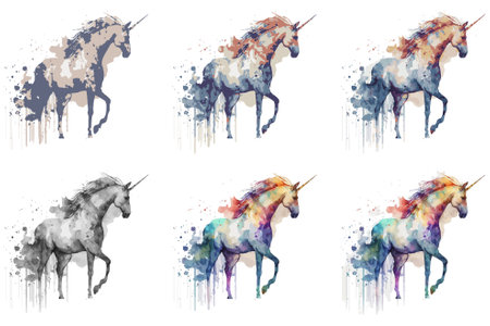 Set of hand drawn watercolor unicorns isolated on white background.のイラスト素材