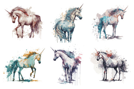 Hand drawn watercolor unicorns. Set of vector illustrations isolated on white background.のイラスト素材