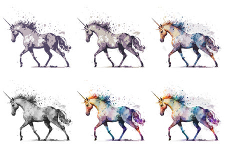 Unicorn set. Watercolor hand drawn illustration isolated on white backgroundのイラスト素材