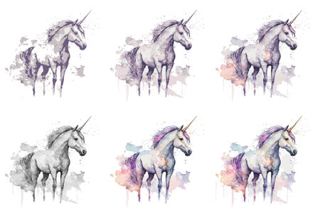 Unicorn set. Watercolor hand drawn illustration isolated on white backgroundのイラスト素材