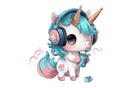 Cute cartoon unicorn with headphones. Vector illustration isolated on white background.のイラスト素材
