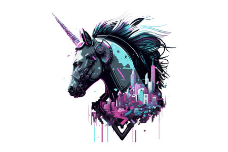 Unicorn head with city on white background. Vector illustration.のイラスト素材