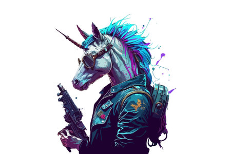 Unicorn with a gun in his hand. Vector illustration.のイラスト素材