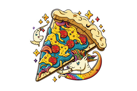 Illustration of a slice of pizza with a cat on a white backgroundのイラスト素材