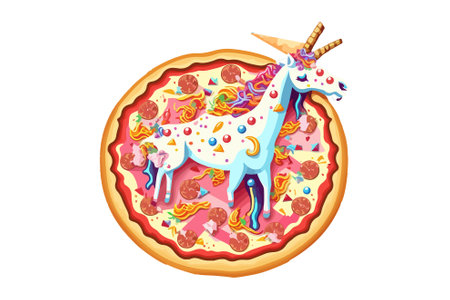 Illustration of a pizza with unicorn and ice cream on a white backgroundのイラスト素材