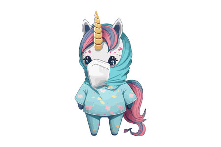Cute cartoon unicorn with mask isolated on white background. Vector illustration.のイラスト素材