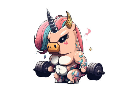 Cute cartoon unicorn with dumbbells. Vector illustration isolated on white background.のイラスト素材