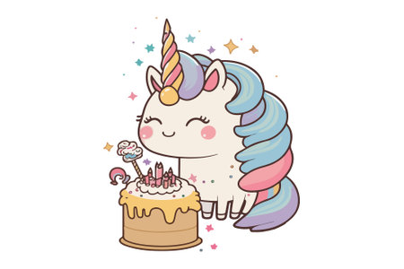 Cute unicorn with cake. Vector illustration isolated on white background.のイラスト素材