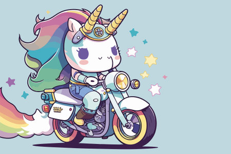 Unicorn on a motorcycle. Cute cartoon vector illustration.のイラスト素材