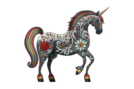 Beautiful fantasy unicorn with ornamental ornaments isolated on white backgroundのイラスト素材