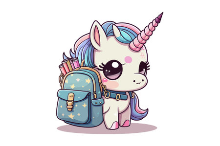 Cute cartoon unicorn with backpack. Vector illustration isolated on white background.のイラスト素材