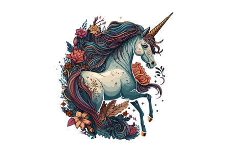 Unicorn with long mane and flowers. Vector illustration.のイラスト素材