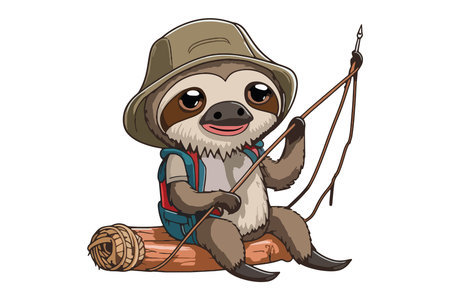 Cute cartoon sloth sitting on a log with a fishing rodのイラスト素材