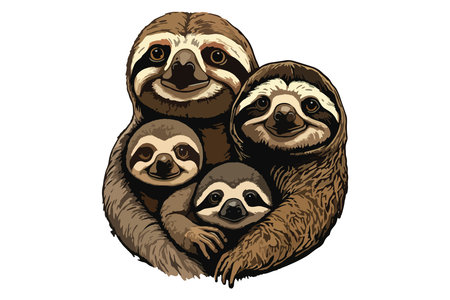 Three cute sloth family isolated on white background. Vector illustration.のイラスト素材