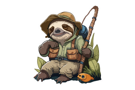 Illustration of a sloth sitting on the ground with a fishing rodのイラスト素材