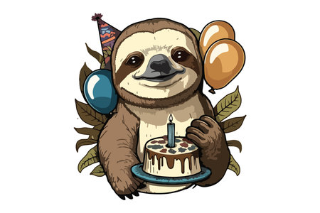 Cute cartoon sloth with birthday cake and balloons. Vector illustration.のイラスト素材