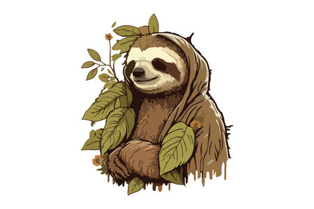 Cute cartoon sloth sitting on a branch with leaves. Vector illustration.のイラスト素材