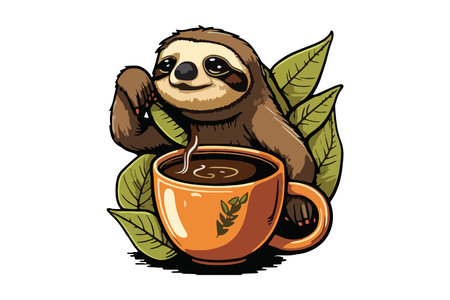 Cute cartoon sloth with cup of tea. Vector illustration.のイラスト素材