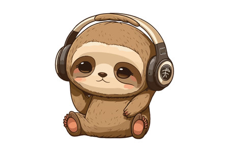 Cute sloth listening to music on headphones. Vector illustration.のイラスト素材