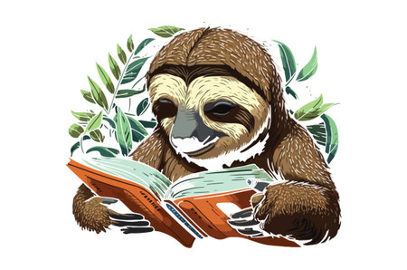 Cute sloth reading a book. Hand drawn vector illustration.のイラスト素材