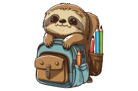 Cute cartoon sloth with backpack and pencils. Vector illustration.のイラスト素材