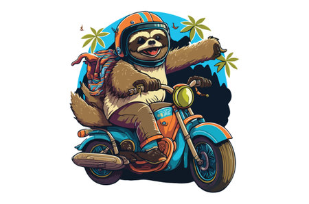 Cute sloth riding a motorcycle on the island. Vector illustrationのイラスト素材
