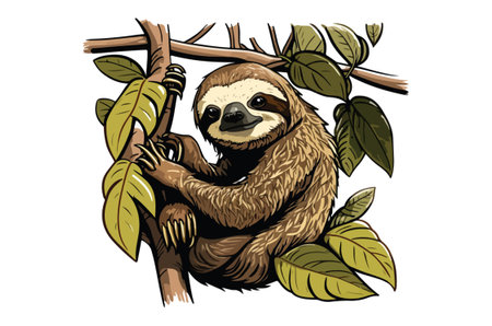 Sloth hanging on a tree branch. Hand drawn vector illustration.のイラスト素材