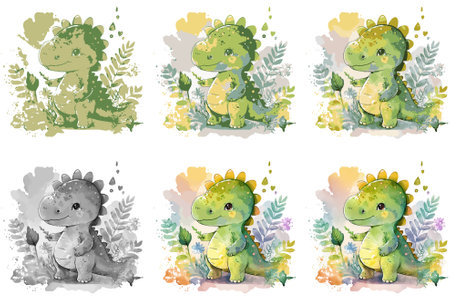 cute dinosaurs with flowers and leaves, watercolor illustration for your designのイラスト素材