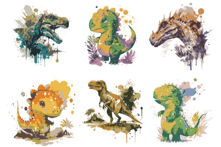 Set of grunge dinosaurs silhouettes with splashes. Vector illustrationのイラスト素材