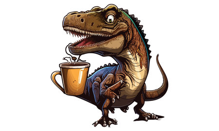dinosaur with a cup of coffee, vector illustration, epsのイラスト素材