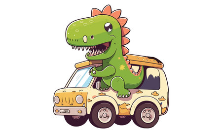 Cartoon dinosaur rides a car. Vector illustration on white background.のイラスト素材