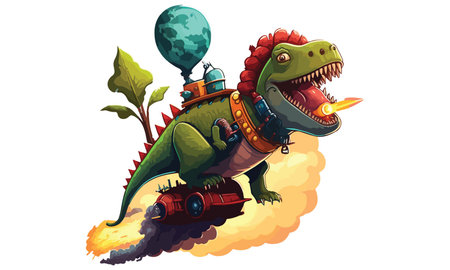 Illustration of a dinosaur with a rocket and a planet on a white backgroundのイラスト素材