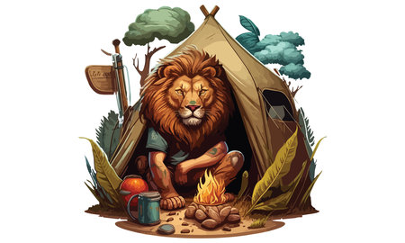 Lion Camping Vector Illustrationのイラスト素材