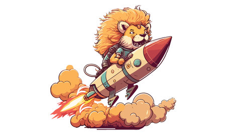 Lion Riding a Rocket Vector Illustrationのイラスト素材