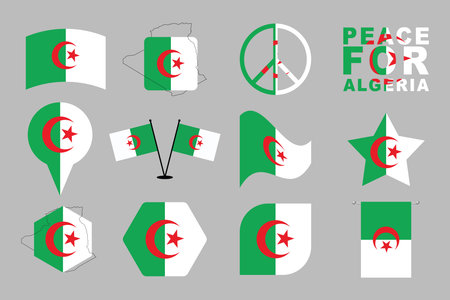 Flag of Algeria Set, original and simple Algeria flag Bundle, vector illustration of Algeria flag Collectionのイラスト素材