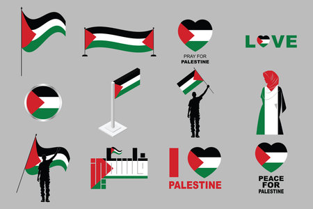 Flag of Palestine Set, original and simple Palestine flag Bundle, vector illustration of Palestine flag Collectionのイラスト素材