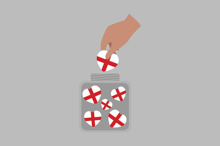 A hand put England hearts in a bowl, The flag of England, England national Flag Vector illustration, England crossed flags, Standard colorのイラスト素材