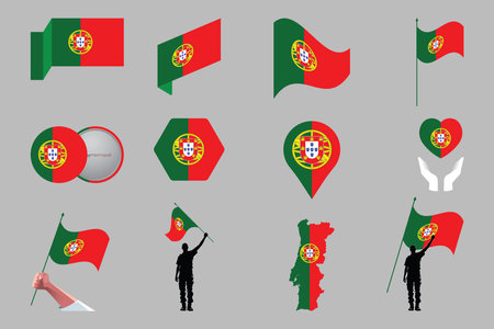Flag of Portugal Set, Original and simple Portugal flag Bundle, vector illustration of Portugal flag Collectionのイラスト素材