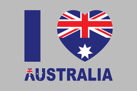 I love Australia Word with heart shape, Flag of Australia national country symbol illustration Vector, Rectangle Australia flag illustration, Flat vector illustrationのイラスト素材