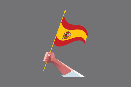 A hand holding a Spain flag, Flag of Spain national country symbol illustration Vector, Rectangle Spain flag illustration, Flat vector illustrationのイラスト素材