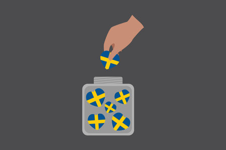 A hand put Sweden hearts in a bowl, Sweden flag vector graphic, Sweden country flag is a symbol of freedom, National Sweden flag, vector illustrationのイラスト素材