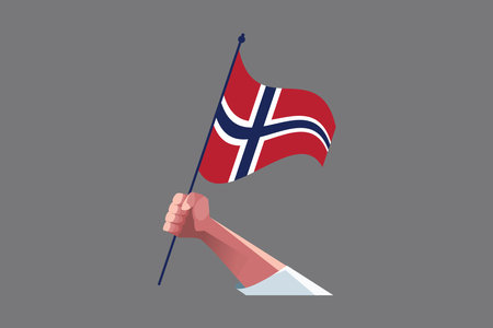 A hand holding a Norway flag, Flag of Norway national country symbol illustration Vector, Rectangle Norway flag illustration, Flat vector illustrationのイラスト素材